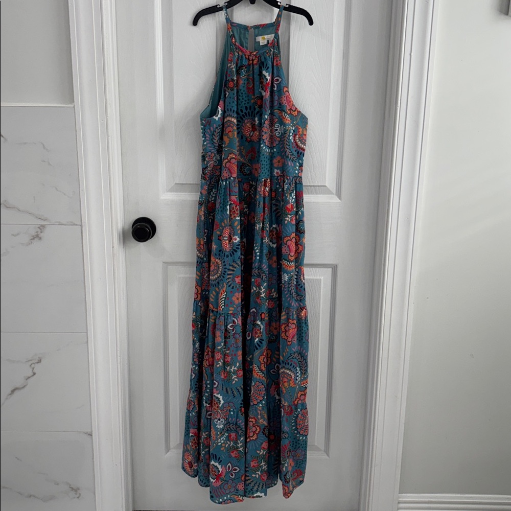 Boden Halterneck Tiered Maxi Dress (D0204) Sleeveless Blue Floral 2